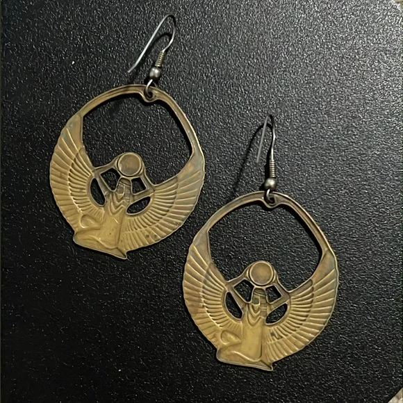 Vintage Art Deco Gold Brass Egyptian Goddess Eye Of Isis Deity Earrings - Picture 10 of 13